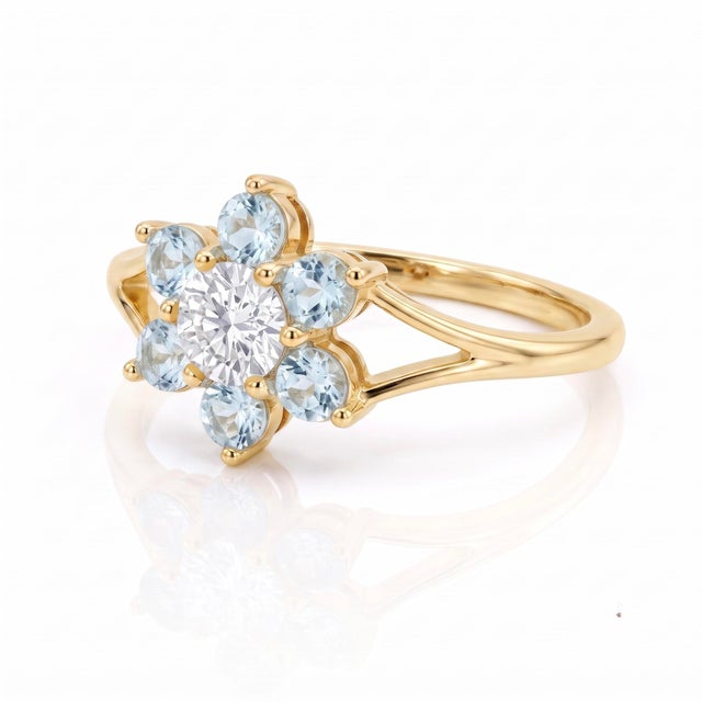 Contemporary Aquamarine Flower Engagement Ring | Wedding Promise Ring | March Birthstone Ring Us 7 (All Sizes Available) For Sale - Image 3 of 4