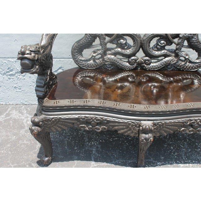 Early 20thc Ebonized and Carved Sitting Bench Chinoiserie For Sale - Image 4 of 13