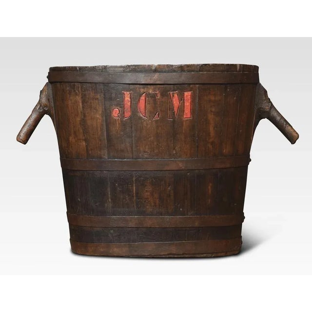 Oval-Shaped Log Bin with Oak Frame and Iron Bands For Sale - Image 5 of 7