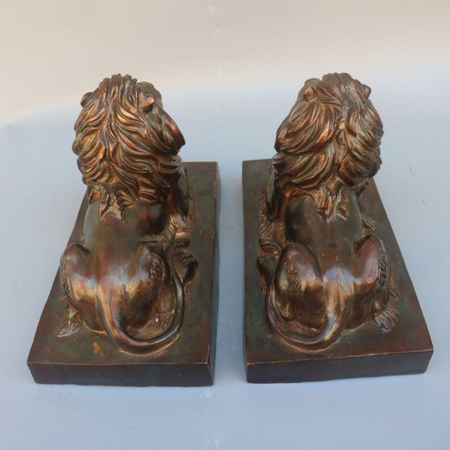 Pair of Antique Brass Recumbent Lions – 11" Library Lions on Rectangular Plinths For Sale - Image 4 of 10