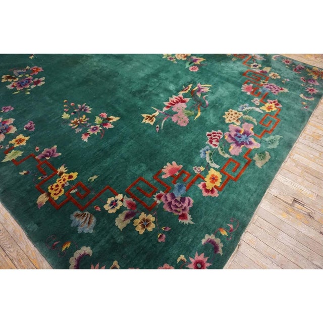 Art Deco 1920s Green Open Field Modern Antique Chinese Art Deco Carpet Room Size Rug For Sale - Image 3 of 9