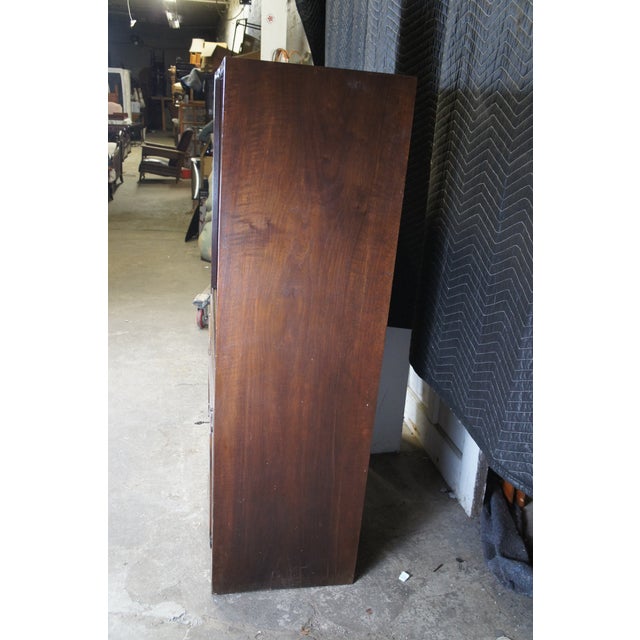 1940s Mid Century Walnut Burl Carved Library Bookcase Bookshelf Cabinet Drawers 58" For Sale - Image 9 of 14