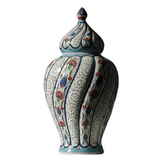 Handmade Ceramic Large Lidded Jar (50cm) Swirling Golden Horn & Floral Pattern – Grand Temple Jar Centerpiece For Sale