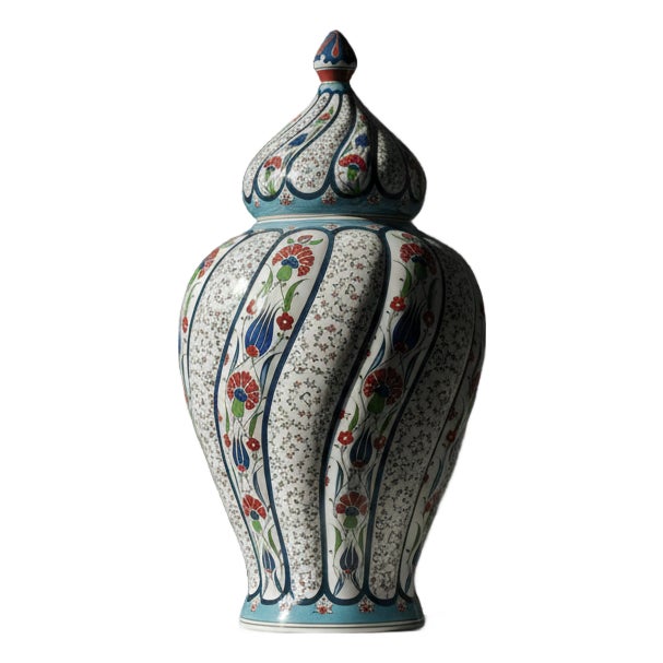 Handmade Ceramic Large Lidded Jar (50cm) Swirling Golden Horn & Floral Pattern – Grand Temple Jar Centerpiece For Sale