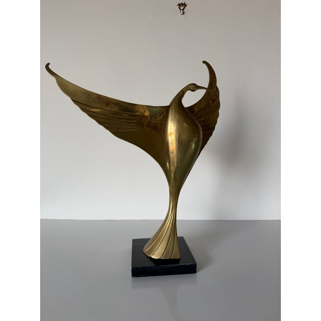 Gold 1980s Art Deco Style Brass Bird Sculpture on Black Marble Base For Sale - Image 8 of 12