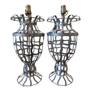 Vintage Hand-Forged Wrought Iron Basket Form Table Lamps, a Pair For Sale