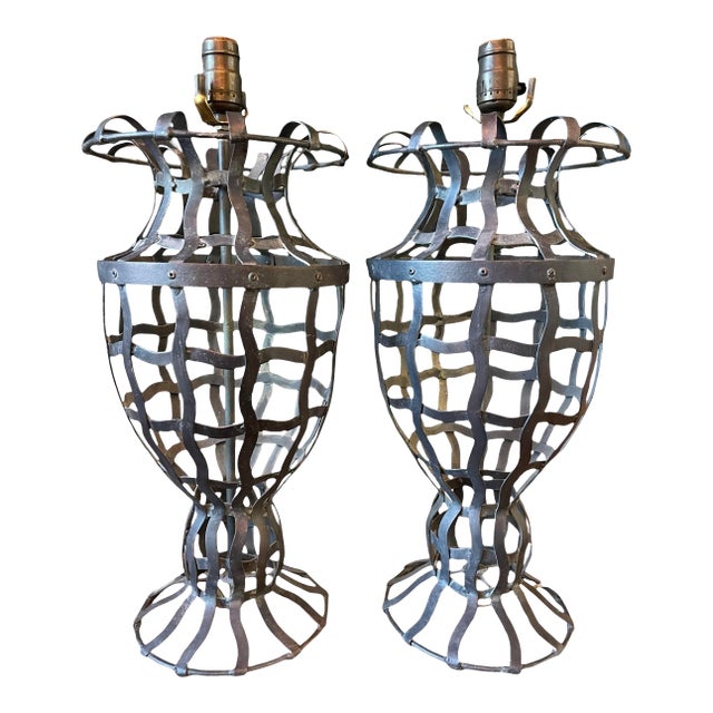 Vintage Hand-Forged Wrought Iron Basket Form Table Lamps, a Pair For Sale