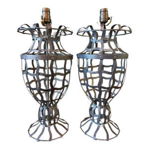 Vintage Hand-Forged Wrought Iron Basket Form Table Lamps, a Pair