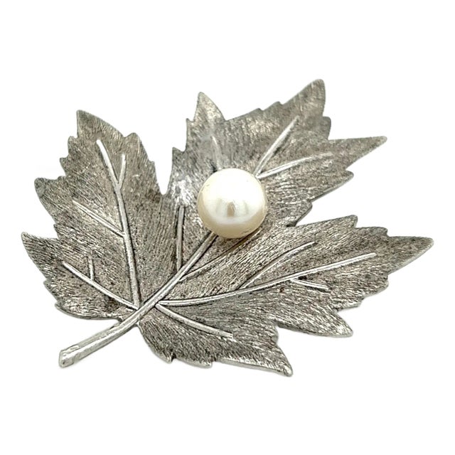 1990s Mikimoto Estate Akoya Pearl Leaf Brooch Pin Sterling Silver For Sale