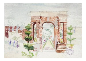 Mid 20th Century Garden & Arch Watercolor Painting