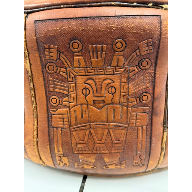 Vintage Peruvian Hand-Tooled Leather Ottoman For Sale - Image 9 of 17