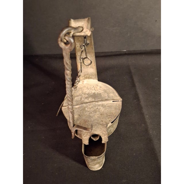 Large Antique Colonial Tin Betty Lamp Wrought Iron Twist Hook Wick Pick C 1820 For Sale - Image 9 of 18
