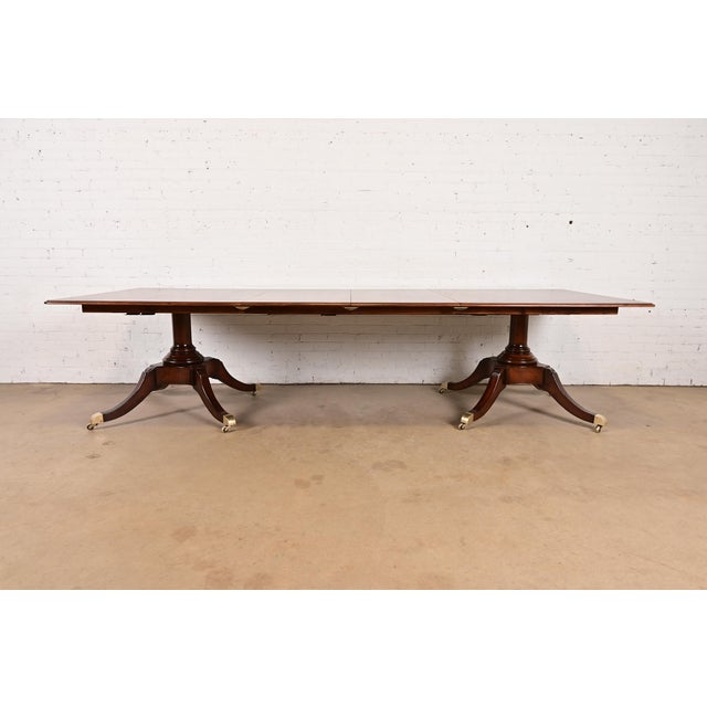 Baker Furniture Company Baker Furniture Style Georgian Banded Mahogany Double Pedestal Extension Dining Table, Newly Refinished For Sale - Image 4 of 11