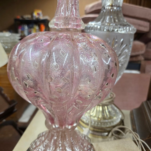 Vintage Murano hand-blown Italian art glass table lamp in a striking pink textured design. This substantial lamp features...
