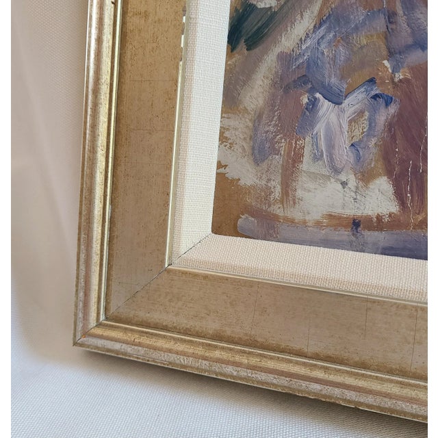 Beautiful abstract painting of a California mission set on a hill. Oil on board Unsigned Champagne color frame with linen...