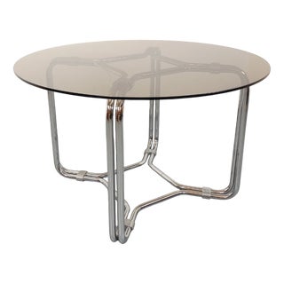 Vintage Round Dining Table in Smoked Glass and Chrome Metal, 1970s For Sale