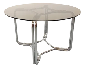 Vintage Round Dining Table in Smoked Glass and Chrome Metal, 1970s