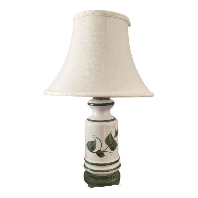 White Milk Glass Table Lamp With Green Hand Painted Leaves Late 20th Century For Sale