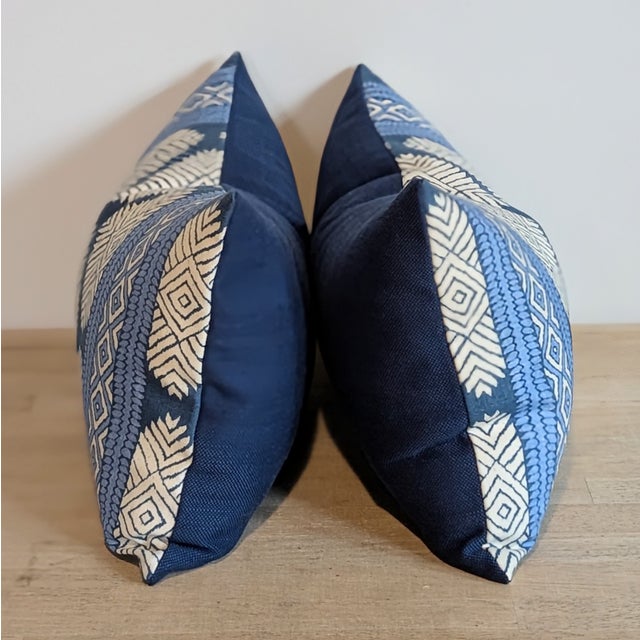 Thibaut Austin print lumbars with coordinating navy performance backs. Invisible zippers and professionally serged seams....