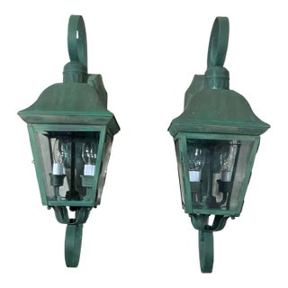 Pair of Vintage Solid Brass Outdoor Wall Lanterns - 22”h X 7”.5 W X 7”.5 D For Sale