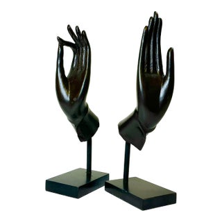 Mid-Century Asian Boho Chic Cast Metal Buddha Hands Sculpture - Set of 2 For Sale