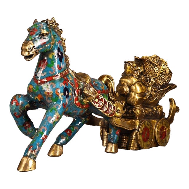 Vintage Cloisonne Enamel Horse & Cart Figure – 15.7" Gilt Wealth Sculpture For Sale