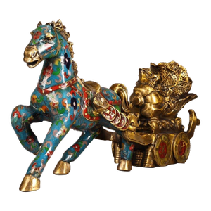 Vintage Cloisonne Enamel Horse & Cart Figure – 15.7" Gilt Wealth Sculpture