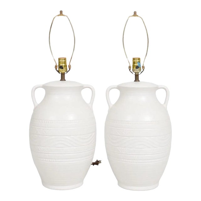 White Ceramic Amphora Table Lamps – A Pair, Late 20th Century For Sale