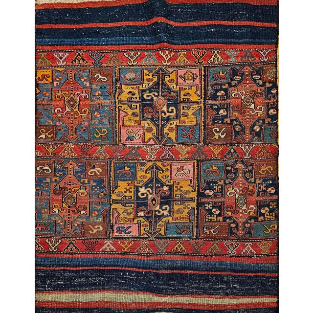 19th Century Caucasian Soumak Rug, Hand-Knotted Wool,Tapestry Tribal Wall Art, 4' x 5' For Sale - Image 10 of 18