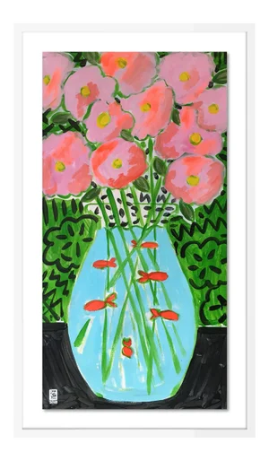 Flower Fish Bowl by Jelly Chen in White Framed Paper, Medium Art Print