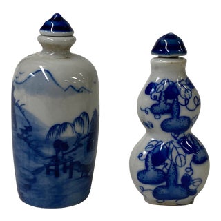 2 X Chinese Porcelain Snuff Bottle With Blue White Scenery Graphic For Sale