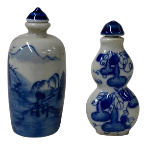 2 X Chinese Porcelain Snuff Bottle With Blue White Scenery Graphic