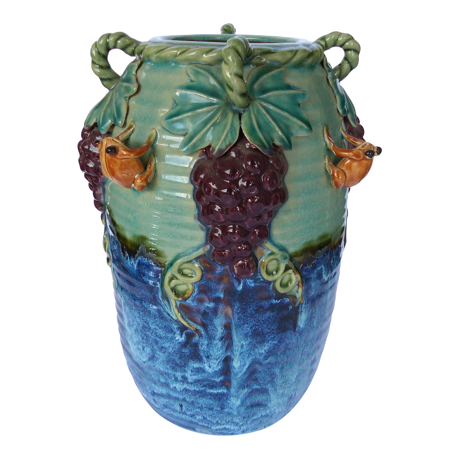 Glazed Majolica Pottery Grapes & Frogs Motif Vase Chairish