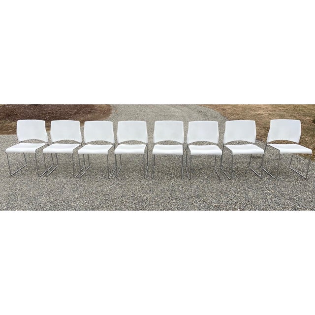 Set of 8 Vintage Chrome Dining /Office Stackable White Vinyl Chairs