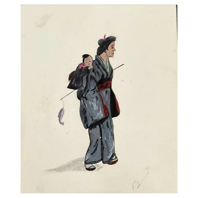 Palmieri, East Asian Woman and Child, 1920s, Watercolor For Sale