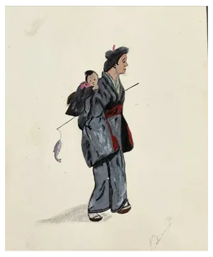 Palmieri, East Asian Woman and Child, 1920s, Watercolor