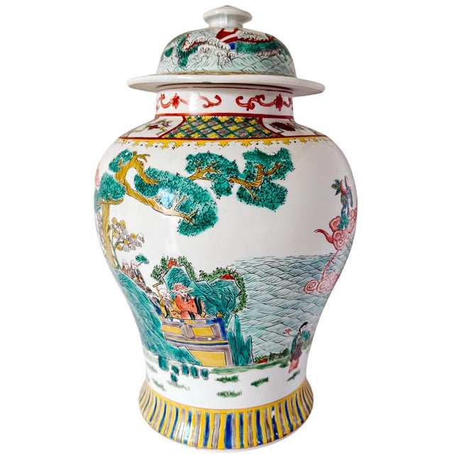 Chinoiserie Large Vintage Chinese Famille Verte Wucai Temple Jar & Cover, Immortals Scene For Sale - Image 3 of 8