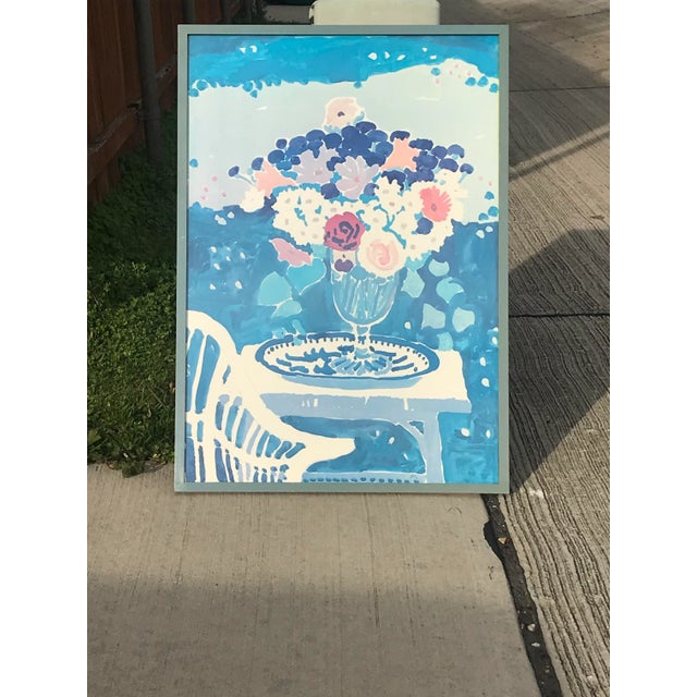 1980s Vintage Framed Blue Floral Watercolor Print For Sale - Image 5 of 13