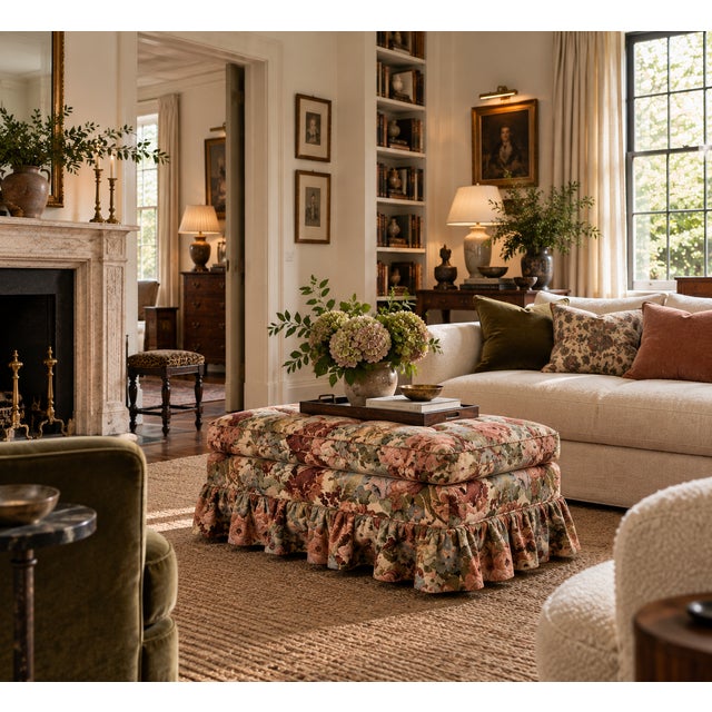 Traditional Floral Jacquard Tapestry Skirted Tufted Ottoman, 1980s For Sale - Image 3 of 13