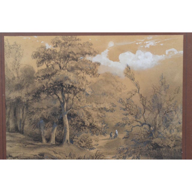 A charming 19th-century drawing depicting a couple in a wooded landscape. The work is executed in charcoal and pencil,...