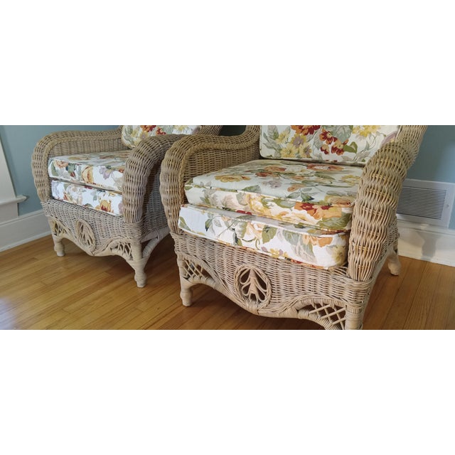 Pristine 1980's Phillippine Ratan & Wicker Wingback Chairs & Ottoman - 3 Piece Set For Sale - Image 18 of 18