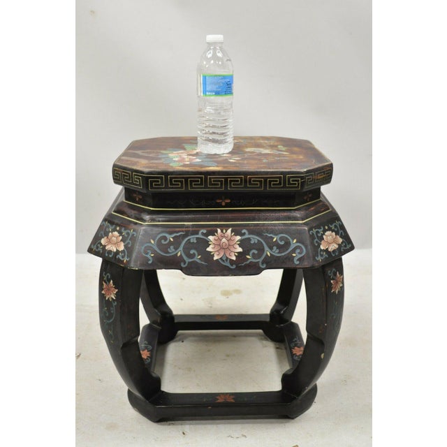 Vintage Chinese Pedestal Plant Stand Black Lacquer Bird Flower Painted
