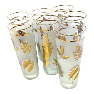 Mid Century Gold Cocktail Glass Highball Glasses- Set of 7 For Sale