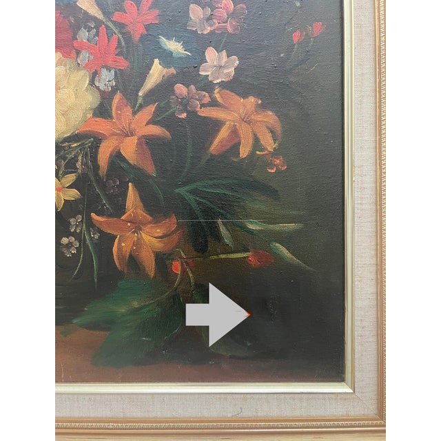 Orange Continental Still LifSStill Life Oil Painting of a Bouquet of Flowers on Canvas by P Bouchet, Framed, 20th. Century For Sale - Image 8 of 8