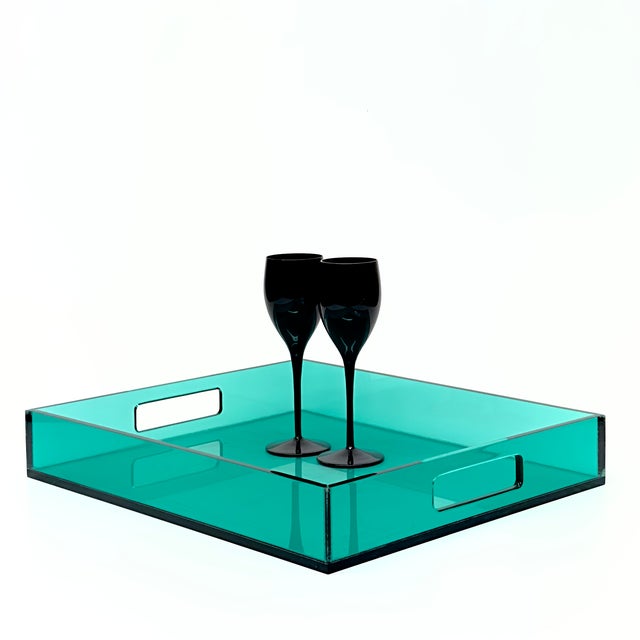 Jade lucite tray. This is a stunning oversized mid-century jade-green transparent thick lucite rectangular tray with...