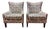 Transitional Ikat-Style Upholstered Wing Armchairs, a Pair For Sale
