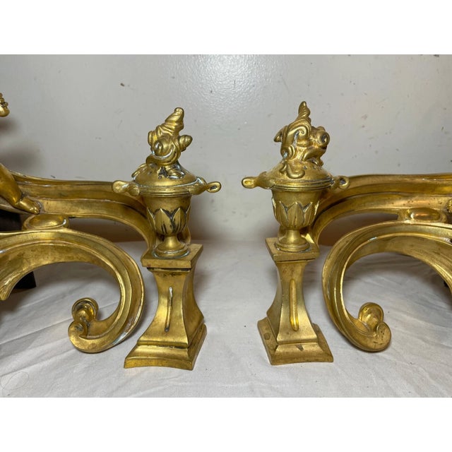 Pair 1800's Ornate Dore Bronze Figural Fireplace Andirons Cherub Putti Chenets For Sale - Image 10 of 14