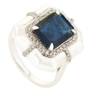3.63ct Emerald-Cut Blue Sapphire Diamond Victorian Ring in 18k White Gold Size 8 For Sale