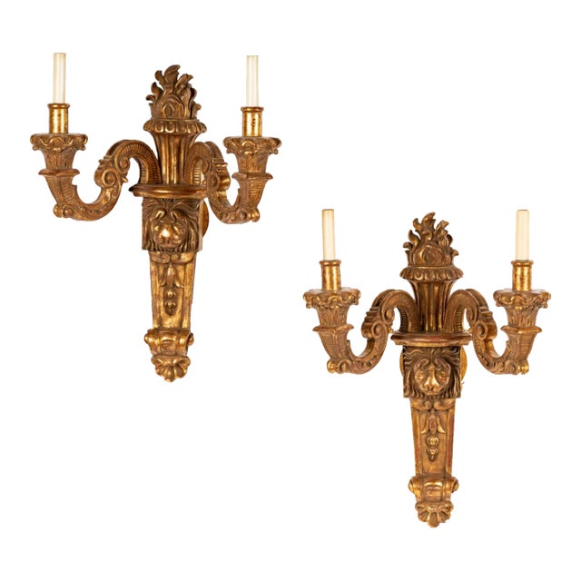 Pair of 18th C Style Italian Giltwood Regency Light Wall Sconces For Sale