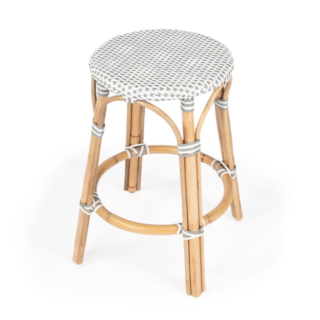 Light Gray Tobias 24 in. Seat Height Round Rattan Backless Counter Stool, White/Gray Dot / Natural Rattan Frame For Sale - Image 8 of 8
